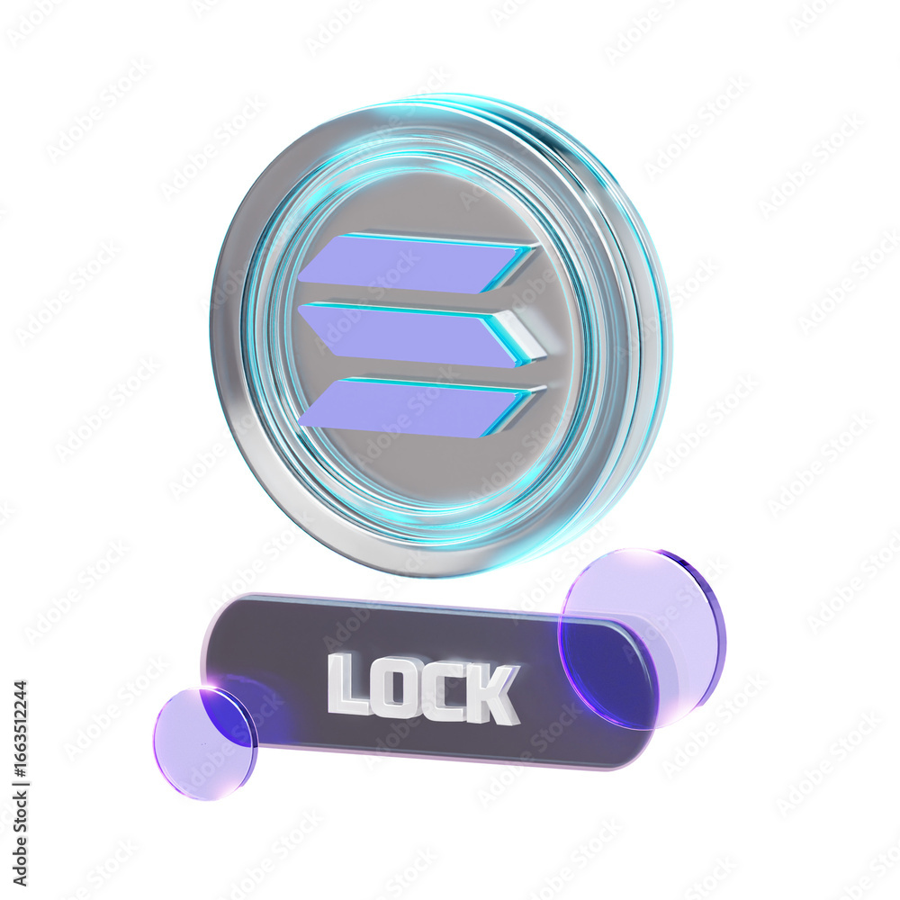 Fototapete 3d render of a shiny cryptocurrency coin with a distinctive logo above a 'lock' button, symbolizing 