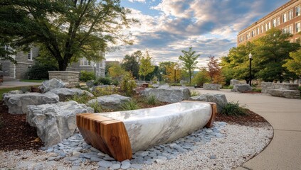 Outdoor sculpted bench nestled in a landscaped campus setting