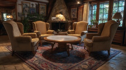Cozy Sitting Area with Fireplace and Armchairs in Vintage Style