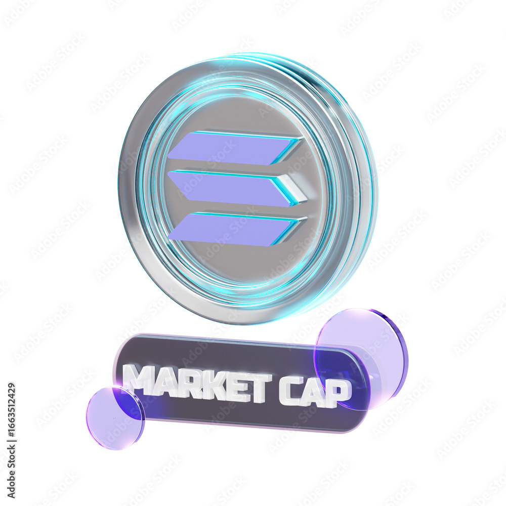 Aufkleber 3d render of a cryptocurrency coin with 'market cap' label and abstract elements.