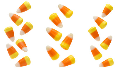 Candy corn set PNG. Halloween candy corn falling down isolated. Candy corn pieces tumbling down isolated for Halloween designs and snack. White, orange and yellow candy corn png