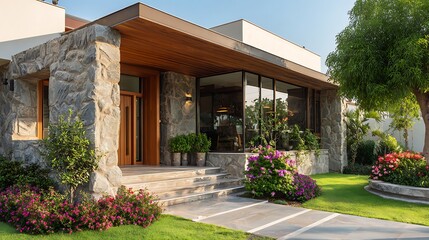 Inviting Home Exterior with Stone Wall and Beautiful Garden Flowers