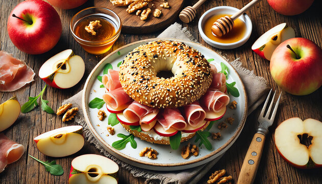 A top-down view of freshly made sesame bagels with prosciutto and apple, served on a white plate - Powered by Adobe