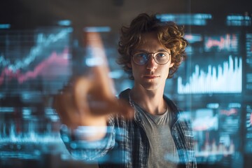 Brilliant young professional analyzing financial data on futuristic transparent interface display screen