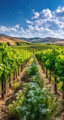 Naklejka premium Vineyard rows stretch into a sunny vista