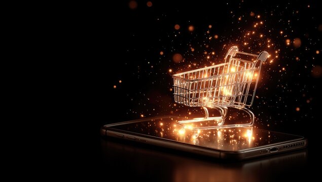 Shopping cart icon on a smartphone, glowing with sparks