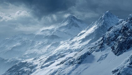 Snow-capped mountains under a stormy sky