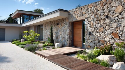 Modern Home Exterior with Stone Wall, Wooden Walkway and Landscaping