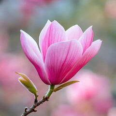 Fototapeta premium Blooming pink magnolia flower on branch with soft blurry background, highlighting petal details in natural light