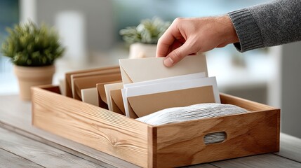 Man Organizing Files and Documents in Wooden Box on Desk