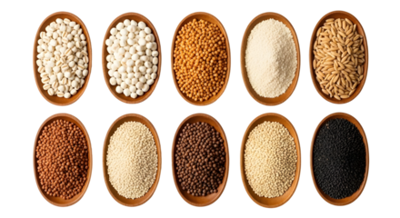 Ten Assorted Gluten-Free Grains and Seeds in Wooden Bowls | Variety of Alternative Flour Sources for Healthy Baking and Dietary Needs