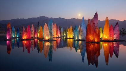 Colorful crystalline sculptures, illuminated at dusk, reflecting in a calm water.  Mountains in the background