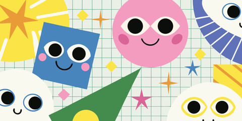 Cheerful Cartoon Characters on Grid Background abstract