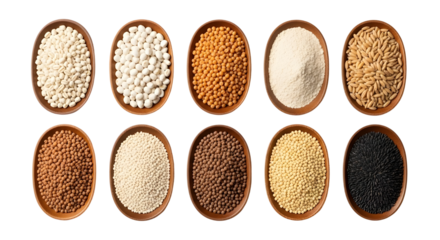 Assorted Variety of Dried Grains and Legumes in Wooden Bowls | Collection of Healthy Pulses for Cooking, Vegetarian and Vegan Food Ingredient Marketing