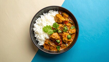 Top-down view of a delicious bowl of homemade chicken tikka masala curry served with fluffy basmati rice and garnished with fresh cilantro