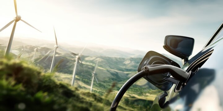 The electric vehicle charging against a backdrop of wind turbines and hills.