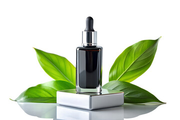 Dark glass dropper bottle with green leaves isolated on white background