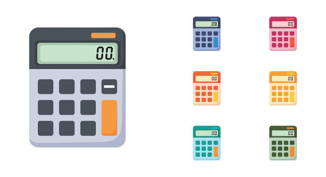 Colorful calculator icons in various sizes and colors on white background