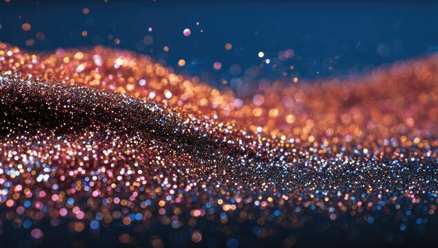 Abstract, glowing, textured particles of copper, rose gold, and violet colors,  forming undulating waves against a deep navy background