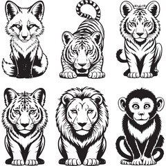 Art of collection of stylized animal portraits including tigers, a lion, a fox, and a monkey