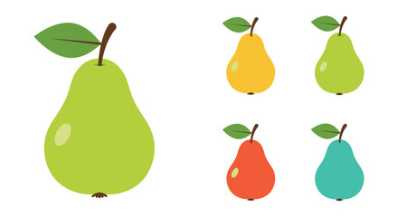 A set of colorful pears with leaves on a white background