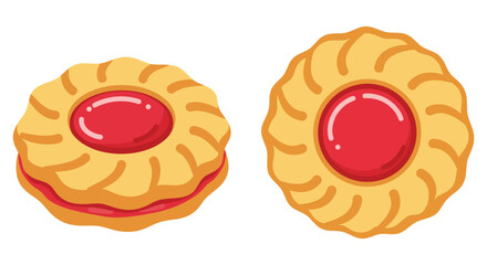 Two jam filled cookies on a plain white background
