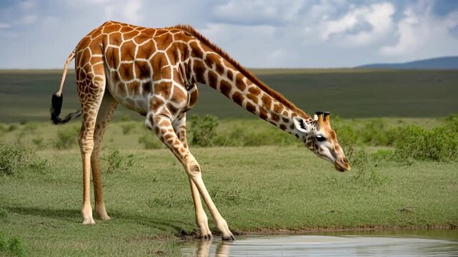 A beautiful jirafa, a tall giraffe bending down to drink water from a river