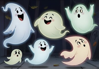 Obraz premium Group of cute and spooky cartoon ghosts for halloween celebration