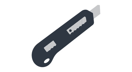 A black utility knife with silver blade on white background