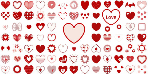 Large collection of red and pink heart shapes and symbols