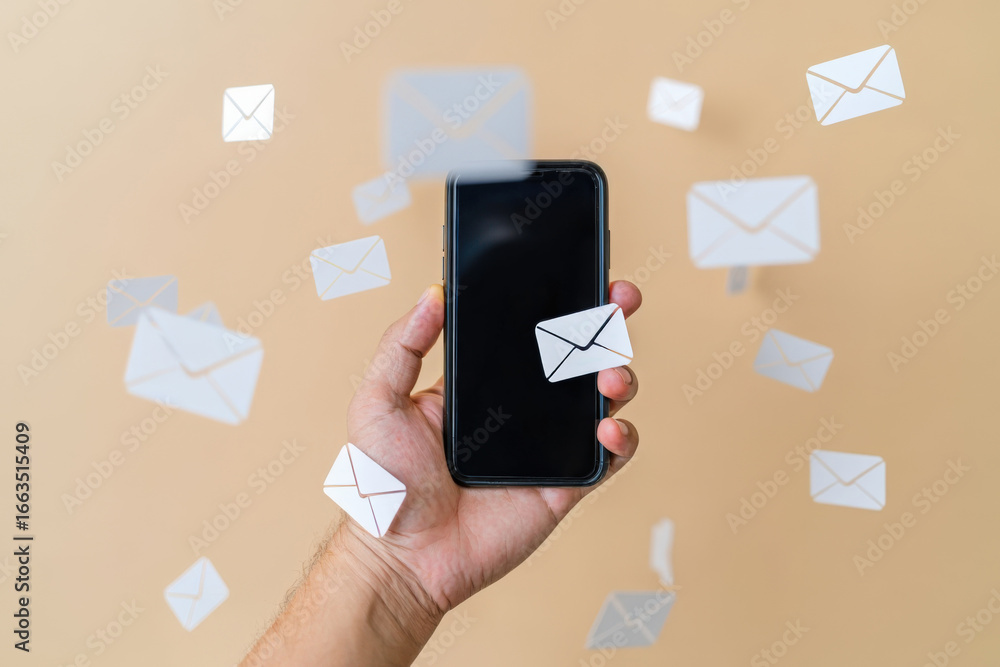 Poster navigating digital communication a hand holding a smartphone surrounded by floating email icons agai