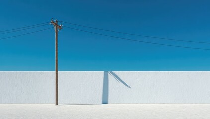 Simple, minimalist view of a light-brown utility pole and power lines against a bright white wall and clear blue sky