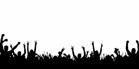 Silhouette crowd with raised arms and peace signs people