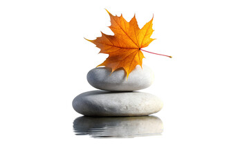 Autumn maple leaf balanced on stacked zen stones isolated on white background