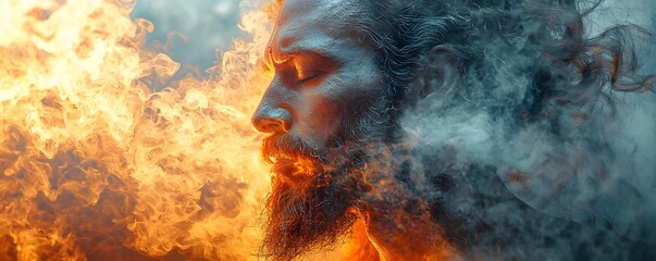 Mystical portrait of an Indian yogi emerging from swirling incense smoke
