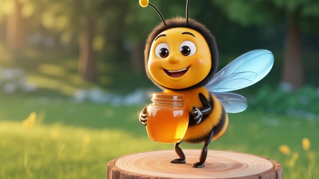 A sweet bee cartoon character holding a big pot of delicious golden honey to eat