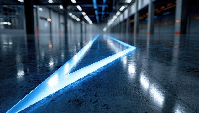 Industrial interior, glowing blue triangle