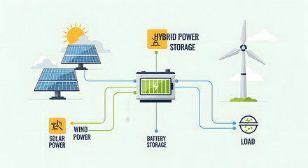 Hybrid power system diagram showing solar, wind, and battery energy storage powering a load.
