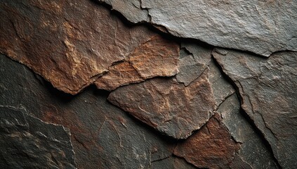 Close-up view of layered, rough-hewn stone slabs.  Shades of brown and gray
