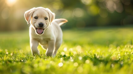 Joyful golden labrador puppy running happily on green grass in sunny environment