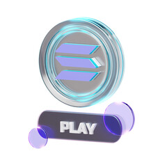 3D rendered cryptocurrency coin with a glowing blue halo above a 'PLAY' button, surrounded by...