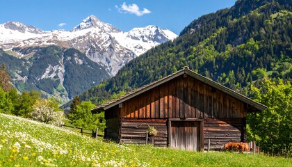 A rustic wooden barn sits amidst a vibrant meadow, framed by snow-capped mountains and lush green valleys.