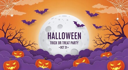 Halloween trick treat night spooky bats pumpkins orange moon party decoration festive
