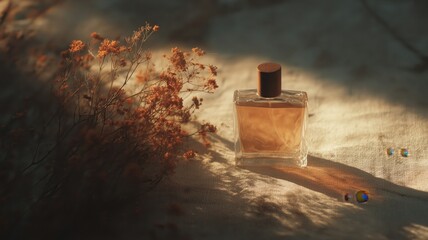 Fototapeta premium Elegant perfume bottle with amber liquid and dried flowers in warm sunlight, creating a luxurious, romantic, and sophisticated visual style