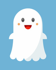 Cute happy white ghost character with rosy cheeks on a blue background