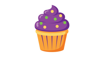A cartoon cupcake with purple frosting and colorful sprinkles on top