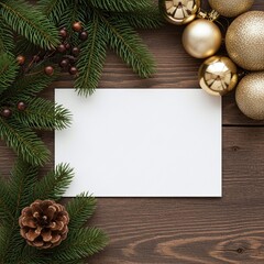Obraz premium Festive Blank Christmas Card on Wooden Table with Pine and Gold Ornaments
