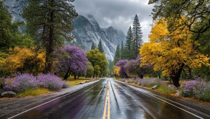 Autumnal mountain road, wet asphalt, vibrant colors (1)