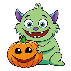 Obraz premium Friendly green monster with big eyes and a wide smile holding a carved halloween pumpkin