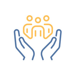 Two hands holding a group icon. Safety, social care, group support, belonging, inclusivity. Vector thin line illustration. Editable stroke.